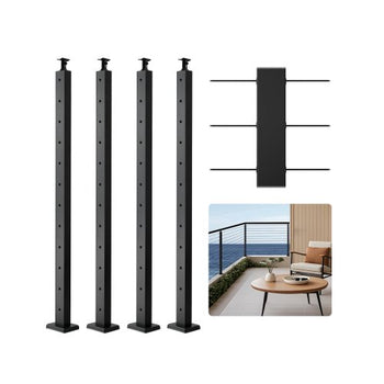 4-Pack Cable Railing Post, 42x2x2 In Horizontal-Hole Deck Railing Post with Pre-Drilled Holes, Stainless Steel Cable Rail Post with Horizontal and Curved Bracket, Black, 4JZLGZXHS106URZU0001V0