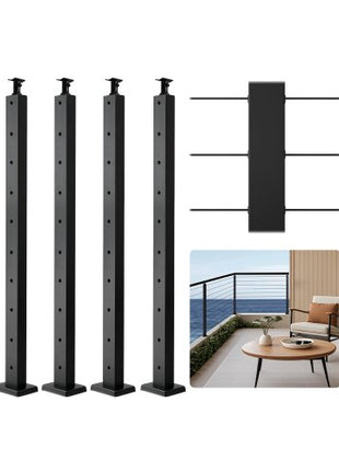 4-Pack Cable Railing Post, 36x1x2 In Horizontal-Hole Deck Railing Post with Pre-Drilled Holes, Stainless Steel Cable Rail Post with Horizontal and Curved Bracket, Black, 4JZLGZXHS914UUOI6001V0