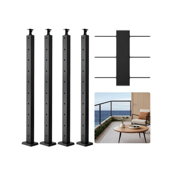4-Pack Cable Railing Post, 36x1x2 In Horizontal-Hole Deck Railing Post with Pre-Drilled Holes, Stainless Steel Cable Rail Post with Horizontal and Curved Bracket, Black, 4JZLGZXHS914UUOI6001V0