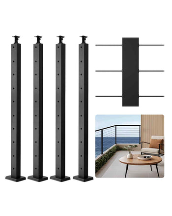 4-Pack Cable Railing Post, 36x1x2 In Horizontal-Hole Deck Railing Post with Pre-Drilled Holes, Stainless Steel Cable Rail Post with Horizontal and Curved Bracket, Black, 4JZLGZXHS914UUOI6001V0