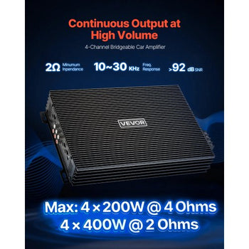 4 Channel Car Audio Amplifier 2 Ohm Stable Bridgeable Class A/B Full Range Amp Max Power 4 x 200W @ 4 Ohm / 4 x 400W @ 2 Ohm for Car SUV Truck Off-Road