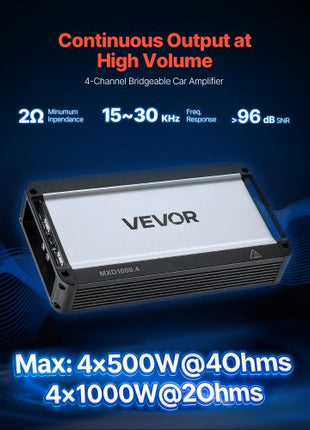 4 Channel Car Audio Amplifier 2 Ohm Stable Bridgeable Class D Full Range Amp Max Power 4 x 500W @ 4 Ohm / 4 x 1000W @ 2 Ohm for Car SUV Truck Off-Road