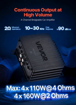 4 Channel Car Audio Amplifier 2 Ohm Stable Bridgeable Class D Full Range Amp Max Power 4 x 110W @ 4 Ohm / 4 x 160W @ 2 Ohm for Car SUV Truck Off-Road