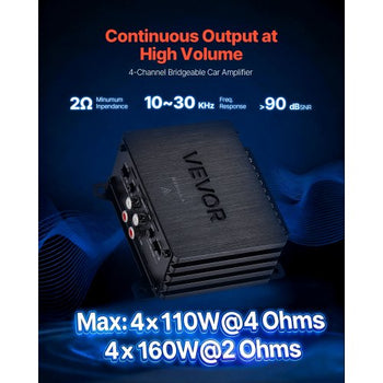 4 Channel Car Audio Amplifier 2 Ohm Stable Bridgeable Class D Full Range Amp Max Power 4 x 110W @ 4 Ohm / 4 x 160W @ 2 Ohm for Car SUV Truck Off-Road