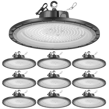 10 Pack LED High Bay Lights, 5000K 200W 30000LM Super Bright UFO LED Warehouse Shop Lights, IP65 Waterproof, 100-277V Wide Voltage for Warehouse Workshop Factory Gym Garage Barn, Black