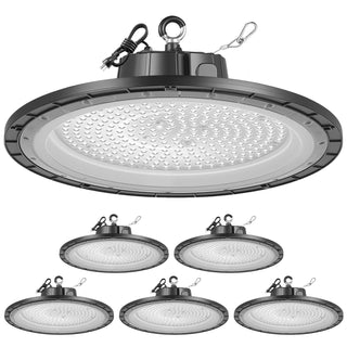 6 Pack LED High Bay Lights, 5000K 150W 21000LM Super Bright UFO LED Warehouse Shop Lights, IP65 Waterproof, 100-277V Wide Voltage for Warehouse Workshop Factory Gym Garage Barn, Black