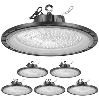 6 Pack LED High Bay Lights, 5000K 200W 30000LM Super Bright UFO LED Warehouse Shop Lights, IP65 Waterproof, 100-277V Wide Voltage for Warehouse Workshop Factory Gym Garage Barn, Black