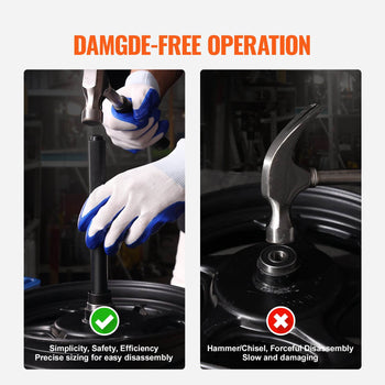 Two hands using a black disassembly tool, highlighting easy and safe operation, versus a hammer for forceful disassembly.