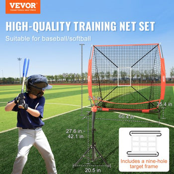 5x5 ft Baseball Softball Practice Net, Portable Baseball Training Net for Hitting Batting Catching Pitching, Backstop Baseball Equipment with Bow Frame, Carry Bag, Strike Zone, Ball, Batting Tee