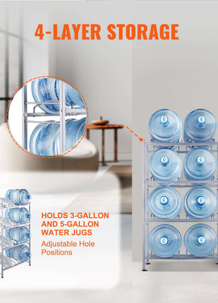 4 Tiers Water Jug Holder, 5 Gallon Water Bottle Holder, Double Row Water Bottle Rack for 8 Bottles, Heavy Duty Water Jug Rack for Kitchen, Office, Living Room, Silver