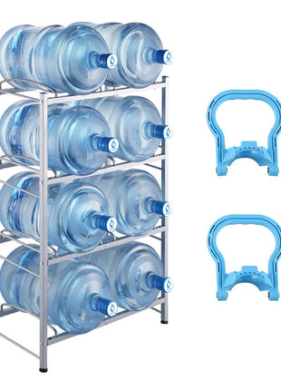4 Tiers Water Jug Holder, 5 Gallon Water Bottle Holder, Double Row Water Bottle Rack for 8 Bottles, Heavy Duty Water Jug Rack for Kitchen, Office, Living Room, Silver
