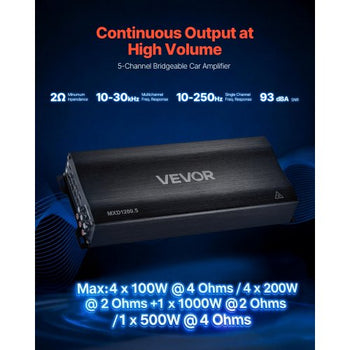 Car Audio Amplifier, 5-Channel Bridgeable Car Amplifier, Multichannel Class D Stereo Amp, Max. 4 x 100W at 4 Ohms / 4 x 200W at 2 Ohms + 1 x 1000W at 2 Ohms / 1 x 500W at 4 Ohms, for Vehicles