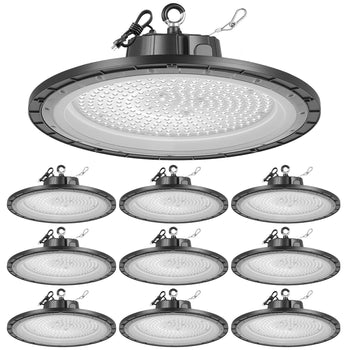 10 Pack LED High Bay Lights, 6000K 150W 21000LM Super Bright UFO LED Warehouse Shop Lights, IP65 Waterproof, 100-277V Wide Voltage for Warehouse Workshop Factory Gym Garage Barn, Black