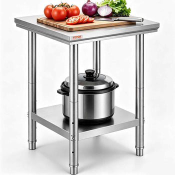 Stainless Steel Prep Table, 24 x 24 x 31 Inch, 700 lbs Load Capacity, Heavy Duty Metal Worktable with 3 Adjustable Height Levels, Commercial Workstation for Kitchen Garage Restaurant Backyard