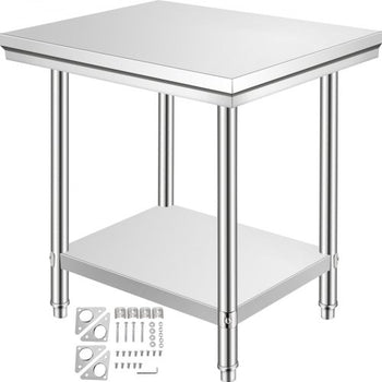 Stainless Steel Prep Table, 900x600x800 mm, 700 lbs Load Capacity, Heavy Duty Metal Worktable with 3 Adjustable Height Levels, Commercial Workstation for Kitchen Garage Restaurant Backyard