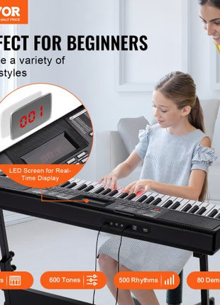 61 Key Digital Keyboard Piano, Lighted Keys, Electric Portable Piano with Adjustable Stand 600 Tones 500 Rhythms Built-In Speakers Sustain Pedal Headphones, USB MIDI for Beginners