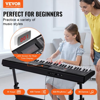 61 Key Digital Keyboard Piano, Lighted Keys, Electric Portable Piano with Adjustable Stand 600 Tones 500 Rhythms Built-In Speakers Sustain Pedal Headphones, USB MIDI for Beginners