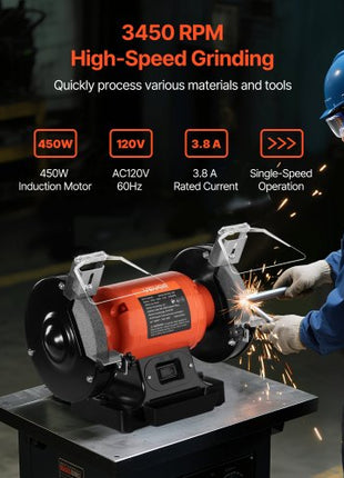 Bench Grinder, 6-inch Single Speed Bench Grinder, 3450RPM High-Speed Table Grinders with 450W 3.8A Induction Motor, 36/60-Grit Grinding Wheel & Adjustable Eye Shield for Fast Sharpening Grinding