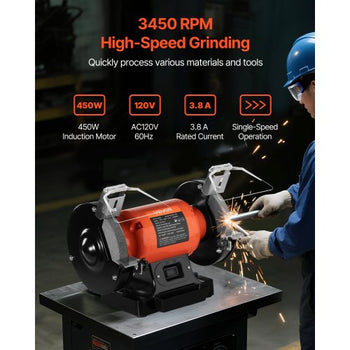 Bench Grinder, 6-inch Single Speed Bench Grinder, 3450RPM High-Speed Table Grinders with 450W 3.8A Induction Motor, 36/60-Grit Grinding Wheel & Adjustable Eye Shield for Fast Sharpening Grinding