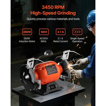 Bench Grinder, 6-inch Single Speed Bench Grinder, 3450RPM High-Speed Table Grinders with 250W 2.1A Induction Motor, 36/60-Grit Grinding Wheels & LED Work Light for Fast Sharpening Grinding
