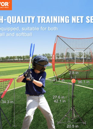 7x7 ft Baseball Softball Practice Net, Portable Baseball Training Net for Hitting Catching Pitching, Backstop Baseball Equipment with Bow Frame, Carry Bag, Strike Zone, Ball, Tee, Ball Collector