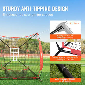 Sturdy anti-tipping net with fiberglass rods, carbon steel base, and anti-tip stakes for enhanced outdoor stability.