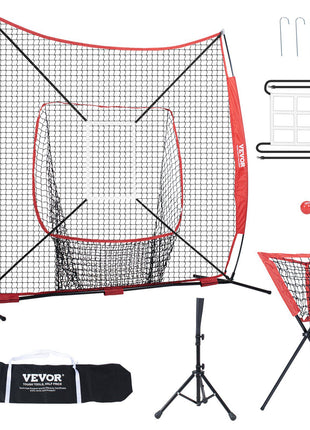 VEVOR portable baseball pitching net set with red accents, black frame, Includes training ball and carrying bag.