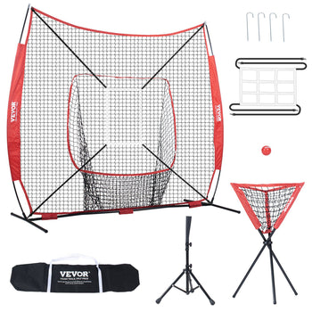 VEVOR portable baseball pitching net set with red accents, black frame, Includes training ball and carrying bag.