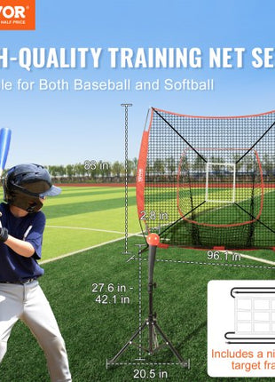 7x7 ft Baseball Softball Practice Net, Portable Baseball Training Net for Hitting Batting Catching Pitching, Backstop Baseball Equipment with Bow Frame, Carry Bag, Strike Zone, Ball, Batting Tee