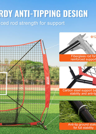 Sturdy sports net with fiberglass rods, carbon steel base, and anti-tip stakes; red and black design for stability.