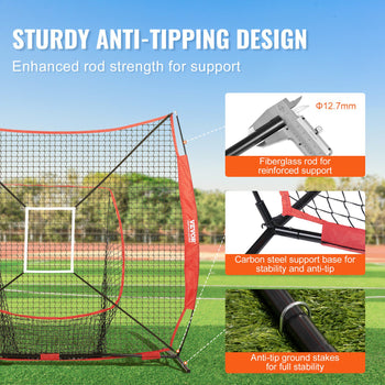 Sturdy sports net with fiberglass rods, carbon steel base, and anti-tip stakes; red and black design for stability.