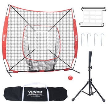 VEVOR red and black baseball practice net with stand, ball, and ground stakes; durable, portable training equipment.