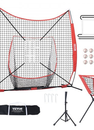 7x7 ft Baseball Softball Practice Net, Portable Baseball Training Net for Hitting Catching Pitching, Backstop Equipment with Bow Frame, Carry Bag, Strike Zone, 12 Balls, Tee, and Ball Collector