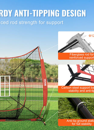 Sturdy red and black anti-tipping sports net with fiberglass rods and carbon steel support for enhanced stability.