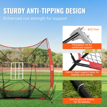 Sturdy red and black anti-tipping sports net with fiberglass rods and carbon steel support for enhanced stability.