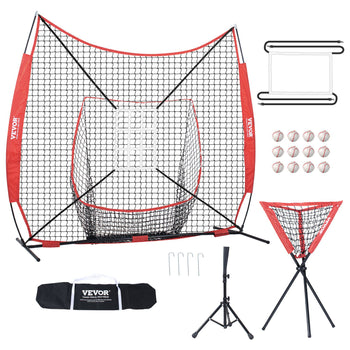 VEVOR baseball net training aid, red and black, durable nylon mesh, includes hitting target and carrying bag for easy transport.