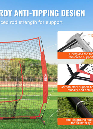 Sturdy red golf net with fiberglass rod and carbon steel base for enhanced stability and anti-tipping design.