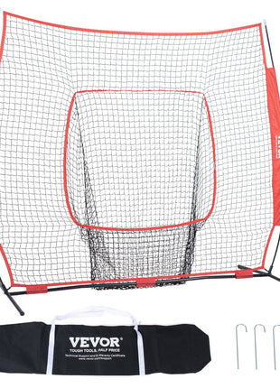 VEVOR red and black portable baseball training net with sturdy frame, stakes, and carrying bag for outdoor sports.