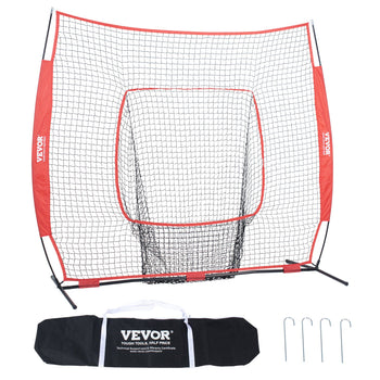 VEVOR red and black portable baseball training net with sturdy frame, stakes, and carrying bag for outdoor sports.