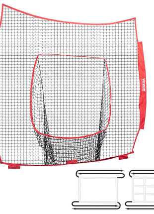 VEVOR red and black baseball batting practice net with sturdy frame and included ground stakes, ideal for outdoor training.