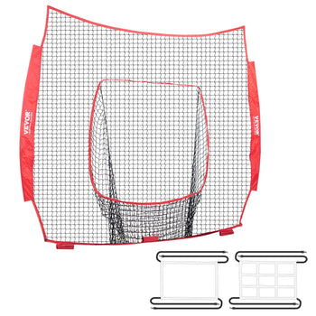 VEVOR red and black baseball batting practice net with sturdy frame and included ground stakes, ideal for outdoor training.