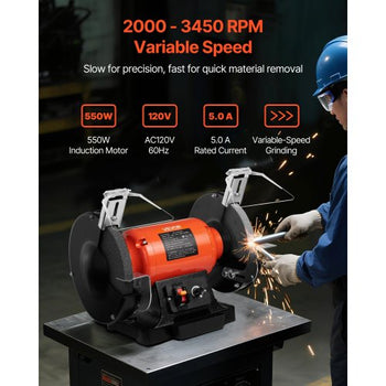 Bench Grinder, 8-inch Variable Speed Bench Grinder, 2000-3450RPM Table Grinders with 550W 5.0A Induction Motor, 36/60-Grit Grinding Wheel & Adjustable Eye Shield for Sharpening Grinding