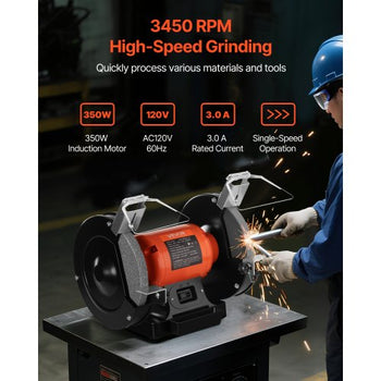 Bench Grinder, 8-inch Single Speed Bench Grinder, 3450RPM High-Speed Table Grinders with 350W 3.0A Induction Motor, 36/60-Grit Grinding Wheel & Adjustable Eye Shield for Fast Sharpening Grinding