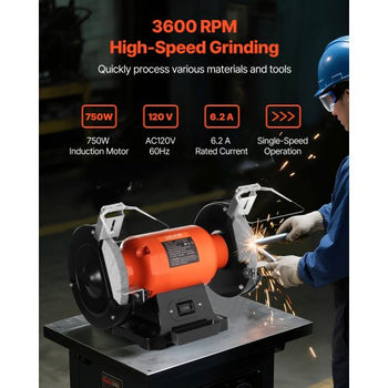 Bench Grinder, 8-inch Single Speed Bench Grinder, 3450RPM High-Speed Table Grinders with 750W 6.2A Induction Motor, 36/60-Grit Grinding Wheel & Adjustable Eye Shield for Fast Sharpening Grinding