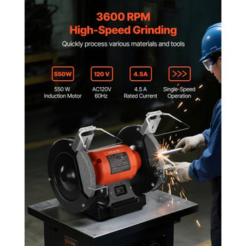 Bench Grinder, 8-inch Single Speed Bench Grinder, 3450RPM High-Speed Table Grinders with 550W 4.5A Induction Motor, 36/60-Grit Grinding Wheel & Adjustable Eye Shield for Fast Sharpening Grinding