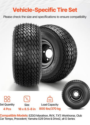 Golf Cart Wheels, 8" 18x8.50-8 Black Steel Golf Cart Tires and Wheels Combo (Set of 4) Fit Club Car, EZGO, Yamaha, 4 Ply Rubber 4-Lug Lawn Mower Tires & Rims Assembly, 800 lbs Load, All-Terrain