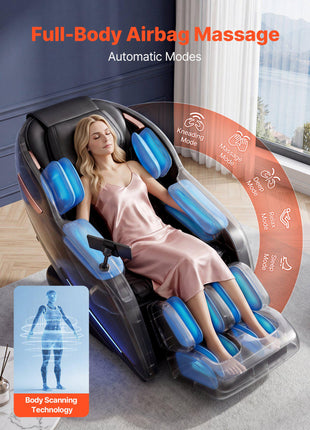 Massage Chair, 3D Zero-Gravity Full Body Massage Chair with Extendable Footrest, Automatic Modes, Airbags, Waist & Leg Heating, Bluetooth Speaker, Touchscreen Control, for Home and Office Use