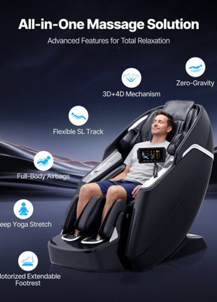 Dual-Core 4D+3D Full Body Massage Chair,  with Extended SL Track, Deep Yoga Stretch, Electric Extendable Footrest, TFT, AI Voice Control, Heat, Airbags, Armrest Controls, Wheels