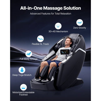 Dual-Core 4D+3D Full Body Massage Chair,  with Extended SL Track, Deep Yoga Stretch, Electric Extendable Footrest, TFT, AI Voice Control, Heat, Airbags, Armrest Controls, Wheels
