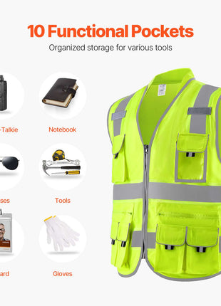 Safety Vest, 10 Pockets Yellow Safety Vest, High Visibility Zipper Front Safety Vest with Reflective Strips, Hi Vis Work Construction Vest with Pockets and Walkie-Talkie Clip, for Men & Woman